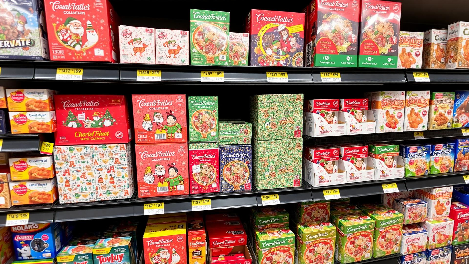 Empaques de temporada exhibidos en anaquel de supermercado
